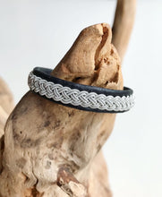 Load image into Gallery viewer, Traditional Sami reindeer leather bracelet with pewter, in BLACKS, GREYS and WHITE.