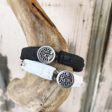 Load image into Gallery viewer, Scandinavian reindeer leather bracelets with sterling silver beads and rose gold metallic Swarovski crystals.