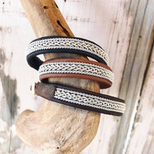 Load image into Gallery viewer, Traditional Swedish Sami reindeer leather bracelets with a braid of flat pewter threads and borders.