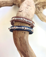 Load image into Gallery viewer, Scandinavian rreindeer leather bracelets with sterling silver beads and rose gold metallic Swarovski crystals. In nougat and navy.