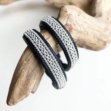 Load image into Gallery viewer, Traditional Swedish Sami reindeer leather bracelets with a braid of flat pewter threads and borders.