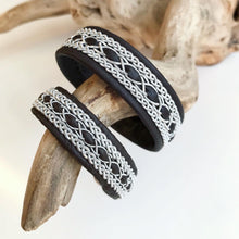 Load image into Gallery viewer, Traditional reindeer leather Sami bracelet, with wider pewter thread braids and pewter Celtic knot button.