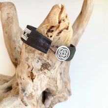 Load image into Gallery viewer, Traditional reindeer leather Sami bracelet, with wider pewter thread braids and pewter Celtic knot button.
