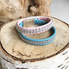 Load image into Gallery viewer, Sami reindeer leather bracelet with pewter and rows of sterling silver beads, in BLUES and GREENS.