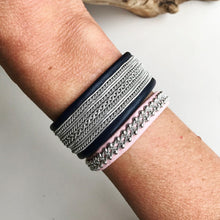 Load image into Gallery viewer, Sami reindeer leather bracelet with pewter and rows of sterling silver beads, in BLACKS, GREYS and WHITE.