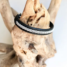 Load image into Gallery viewer, Traditional Lapland Sami reindeer leather bracelet with flat pewter. White, grey and blacks.
