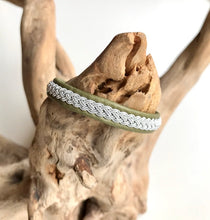 Load image into Gallery viewer, Traditional Sami reindeer leather bracelet with pewter in neutral colours.
