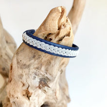 Load image into Gallery viewer, Traditional Sami reindeer leather bracelet with pewter in blues and greens.
