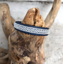 Load image into Gallery viewer, Traditional Swedish Sami reindeer leather bracelets with a braid of flat pewter threads and borders. Black, navy or charcoal - black shimmer.
