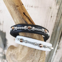 Load image into Gallery viewer, Scandinavian reindeer leather bracelets with sterling silver beads and rose gold metallic Swarovski crystals.
