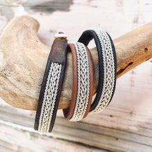 Load image into Gallery viewer, Traditional Swedish Sami reindeer leather bracelets with a braid of flat pewter threads and borders.
