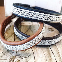 Load image into Gallery viewer, Traditional Swedish Sami reindeer leather bracelets with a braid of flat pewter threads and borders.
