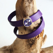 Load image into Gallery viewer, Purple leather bracelets with magnetic clasp and a square purple Swarovski slider.
