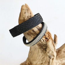 Load image into Gallery viewer, Traditional Swedish Sami reindeer leather bracelets with a braid of flat pewter threads and borders. Black, navy or charcoal - black shimmer.
