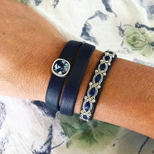 Load image into Gallery viewer, Navy wrap around Swedish reindeer leather bracelets with magnetic clasp and a square blue Swarovski slider.
