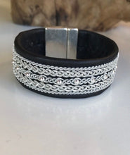 Load image into Gallery viewer, Wide black Scandinavian reindeer leather bracelets, with traditional pewter braiding, sterling silver beads and twisted borders.
