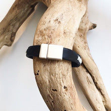 Load image into Gallery viewer, Sami black reindeer leather unisex bracelets, with a wavy pewter braid.
