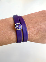 Load image into Gallery viewer, Purple leather bracelets with magnetic clasp and a square purple Swarovski slider.
