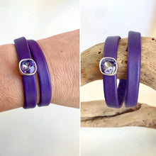 Load image into Gallery viewer, Purple leather bracelets with magnetic clasp and a square purple Swarovski slider.
