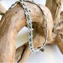 Load image into Gallery viewer, Scandinavian light olive Sami reindeer leather necklace with a full set of sterling silver beads.
