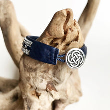 Load image into Gallery viewer, Traditional reindeer leather Sami bracelet, with pewter threads braids and pewter button.
