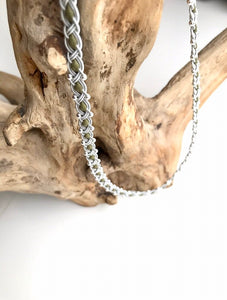 Scandinavian light olive Sami reindeer leather necklace with a full set of sterling silver beads.
