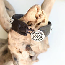 Load image into Gallery viewer, Traditional reindeer leather Sami bracelet, with pewter threads braids and pewter button.
