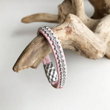 Load image into Gallery viewer, Sami reindeer leather bracelet with pewter and rows of sterling silver beads, in REDS, PINKS and YELLOW.
